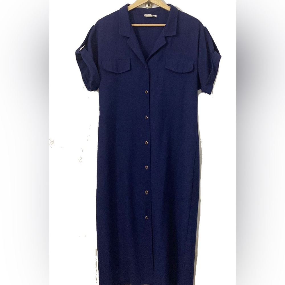 Vintage 70s navy blue button down shirtdress